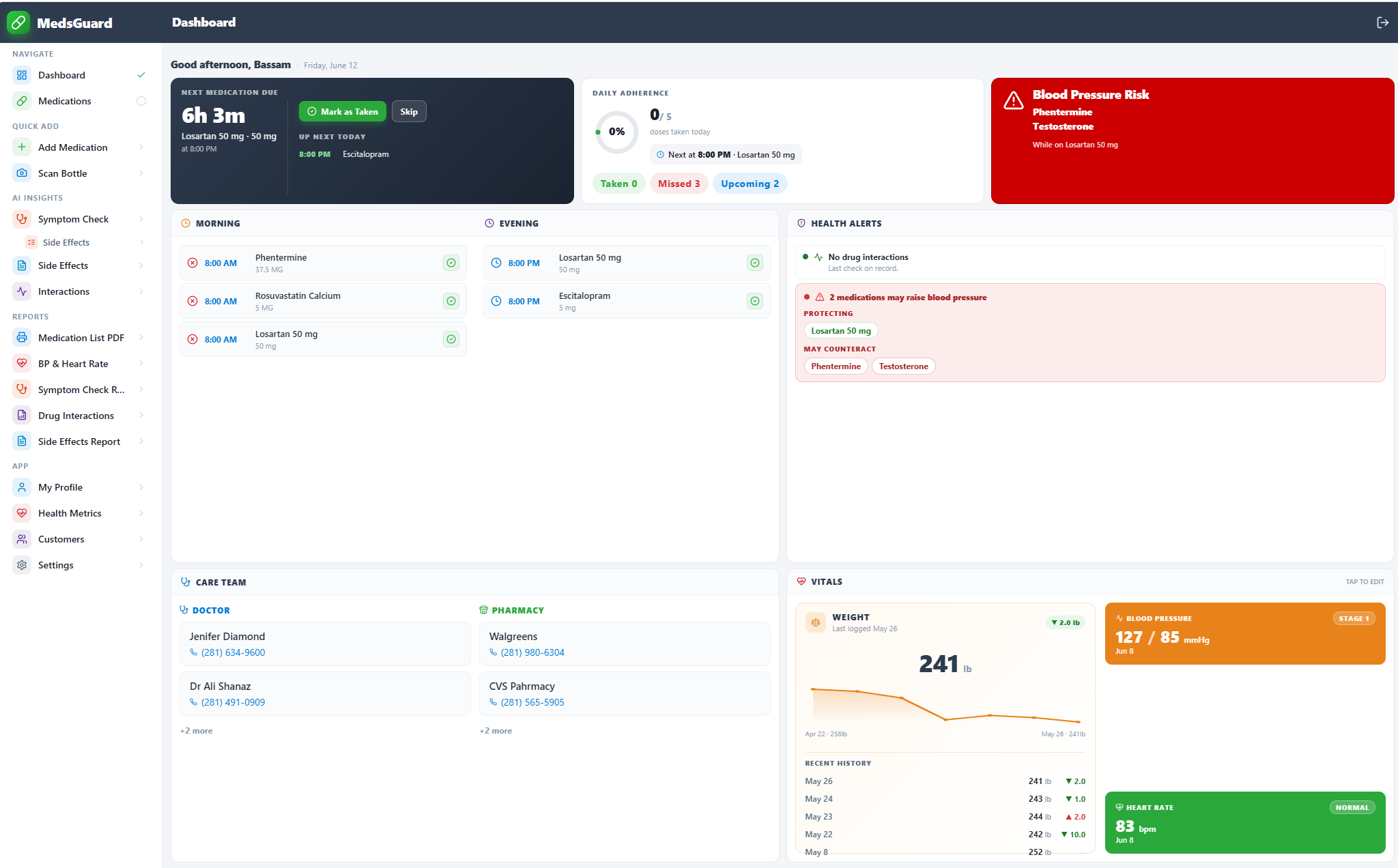 MedsGuard medication tracking dashboard
